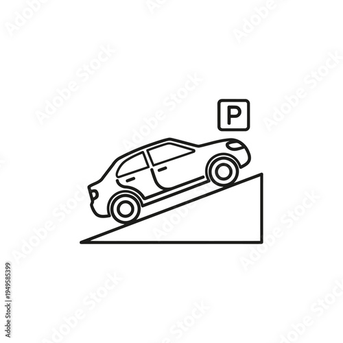 Car parked on inclined lot with parking sign