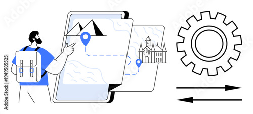 Travel planning, location services, navigation apps, tourism, virtual tours, digital maps. Backpacker pointing at map route. Travel planning and location services concepts