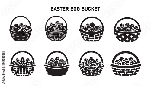 Black and white Easter egg basket silhouette icon set