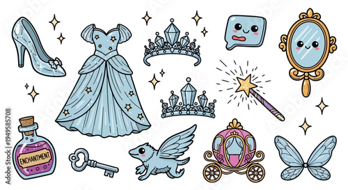Cute Kawaii Fairytale Princess Magic Elements Cartoon Vector Collection EPS10 Stock.eps