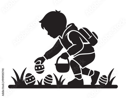 Little boy searching for easter eggs silhouette icon