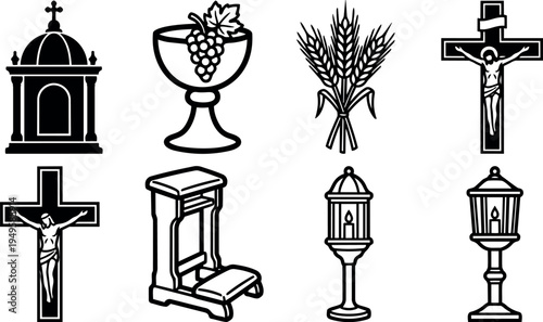 Black and white religious icon set including crucifix crosses chalice grapes wheat altar kneeler and lanterns vector art collection