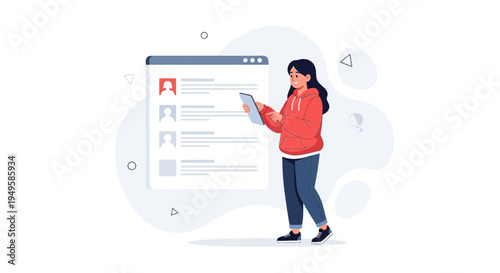 Woman with tablet looking at user profiles on screen, online profile management concept