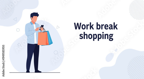 Man on Work Break Shopping Online Using Smartphone and Carrying Bags