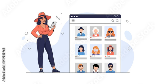 Woman browsing social media profiles on a smartphone, online dating app interface