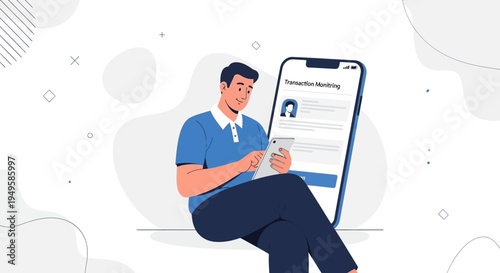 Man using smartphone with transaction history on large screen, digital banking concept