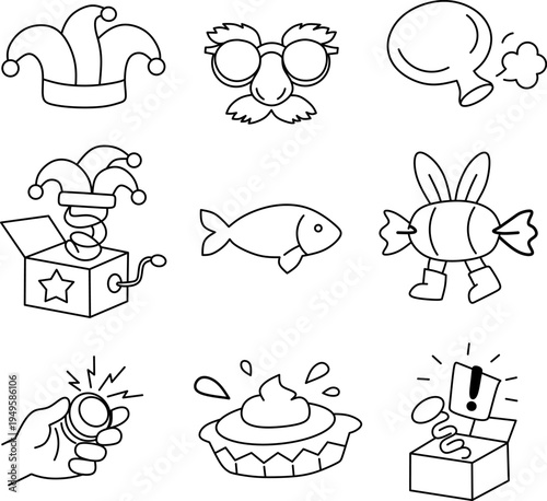 April Fools Day icons set of line art prank toys. Minimalist joke elements collection