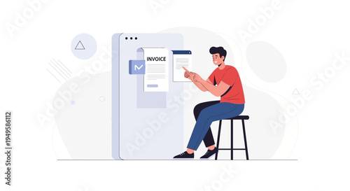 Man reviews invoice on digital screen, modern finance and accounting concept