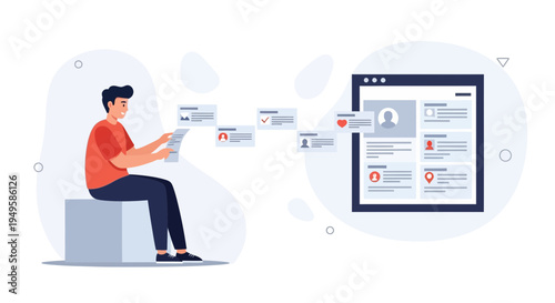 Man reviewing documents and data for online profile creation and information management