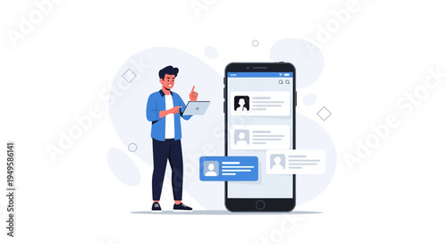 Man with laptop interacting with smartphone social media app and chat messages