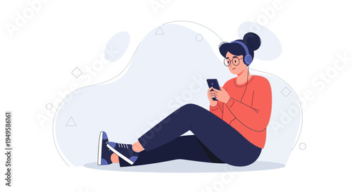 Young Woman Listening to Music on Headphones and Using Smartphone, Relaxing