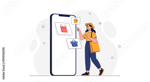 Woman Shopping Online via Smartphone, Digital E-commerce Concept