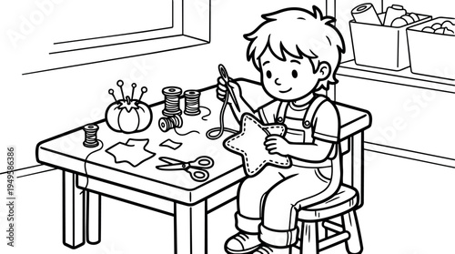 Cute boy sitting on stool sewing star shaped pillow holding needle and thread near window with sewing tools and spools on table