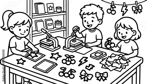 Black and white line art children pressing shapes and making stickers with stars cherries and bows on table indoor creative activity