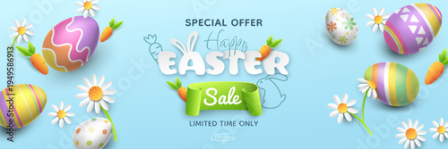 Vector horizontal Easter sale banner with 3D realistic painted colourful eggs, paper flowers, carrots, a green ribbon, and paper-cut Easter writing on a blue background. Holiday template for flyers.