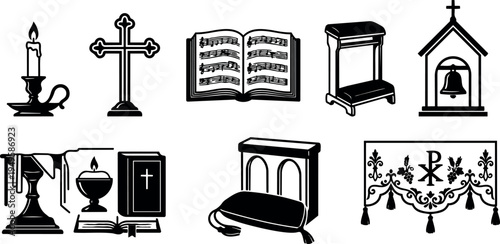 Black and white vector set of religious symbols including candle cross bible chalice kneeler altar cloth elements
