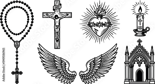 Detailed black and white vector art set with religious catholic symbols crucifix rosary sacred heart candle and gothic chapel architecture wings design
