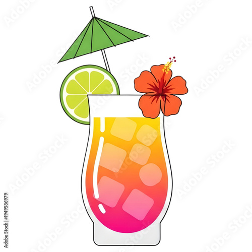 Tropical Cocktail Drink with Umbrella Vector Summer Refreshment Illustration