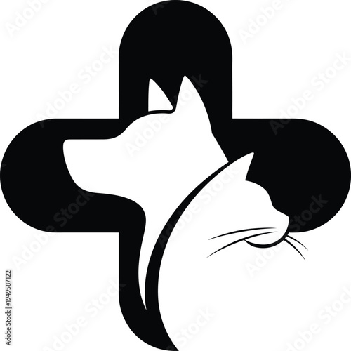 Veterinary medical symbol with cat silhouette in white and black  animal healthcare icon