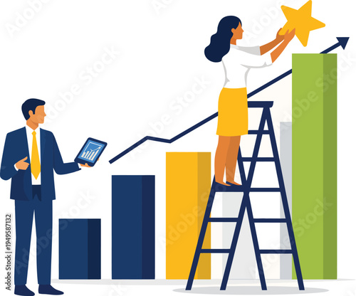 Business team collaborating to achieve success, woman on ladder placing star on growth chart vector illustration