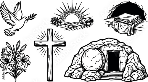 Black and white vector art of empty resurrection tomb open entrance with round stone cross sun rays and dove holding olive branch