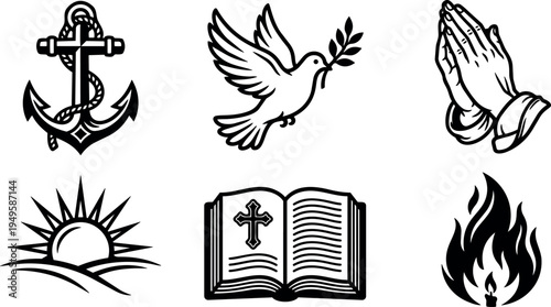 Black and white vector icons of anchor dove with olive branch praying hands sunrise bible with cross and candle flame in minimal line art style