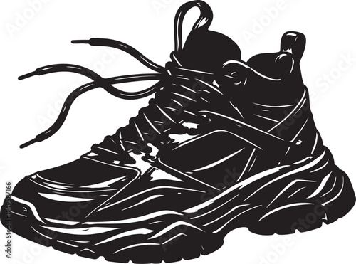 Black and white vector illustration of a single modern chunky sneaker with laces, athletic footwear design