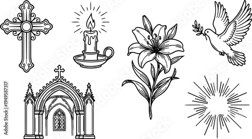 Black line art religious symbols including ornate cross church arch candle lily flower dove with olive branch and shining sunburst rays design