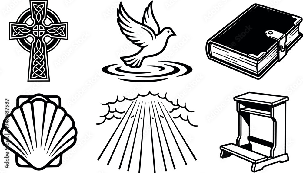 Fototapeta premium Black and white vector set with celtic cross dove book scallop shell cloud rays and wooden pulpit icon collection