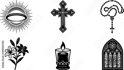 Black and white religious symbols vector set including shining halo cross rosary lilies candle and stained glass window icons
