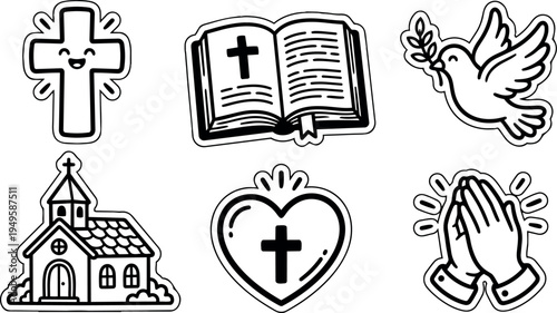 Black and white line art set of religious icons including smiling cross heart praying hands dove and church vector illustration