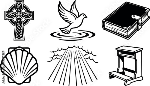Black and white vector set with celtic cross dove book scallop shell cloud rays and wooden pulpit icon collection