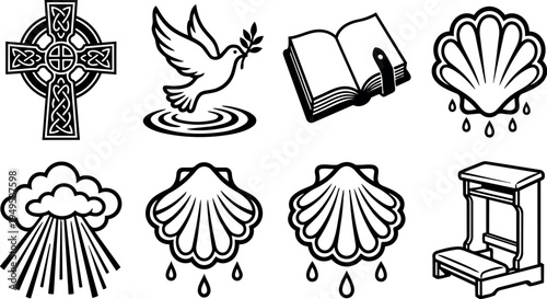 Black and white vector icons with celtic cross dove holding olive branch open book scallop shells and prayer kneeler religious symbols set