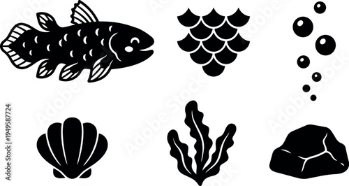 Black silhouette fish shell seaweed bubbles and rock icons set isolated on white background