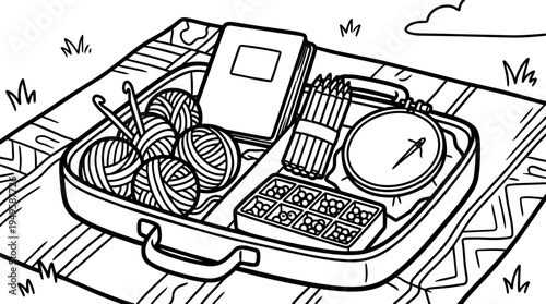 Black and white vector art open knitting and drawing kit with knitting needles balls colored pencils and compass on patterned blanket outdoors
