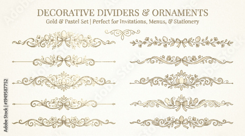 Elegant vintage ornate decorative dividers and ornaments set delicate gold filigree flourishes for invitations menus stationery and graphic