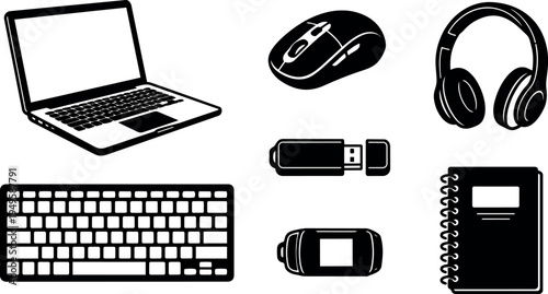 Black and white vector art of laptop mouse headphones keyboard usb flash drive spiral notebook office technology desk icons