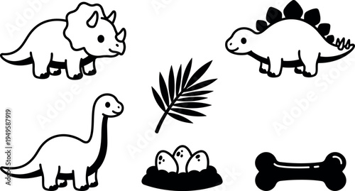 Cute black and white dinosaur cartoon set with triceratops stegosaurus brachiosaurus eggs and bone vector art