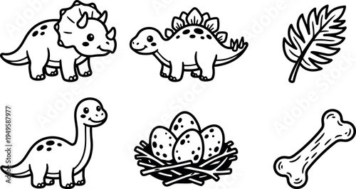 Cute smiling cartoon dinosaurs with nest eggs bone and tropical leaf simple black line art vector illustration set
