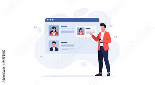 Man presenting user profiles on a digital screen, online recruitment concept
