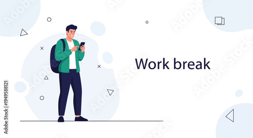Young man with backpack checking smartphone during work break, modern illustration
