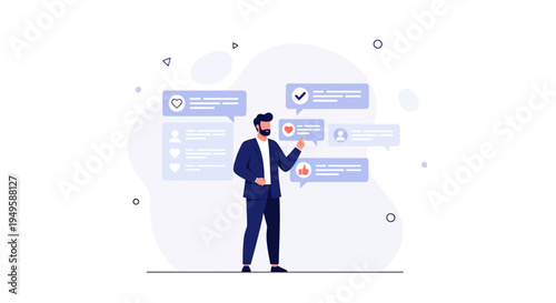 Man in Suit Interacting with Social Media Notifications and Likes