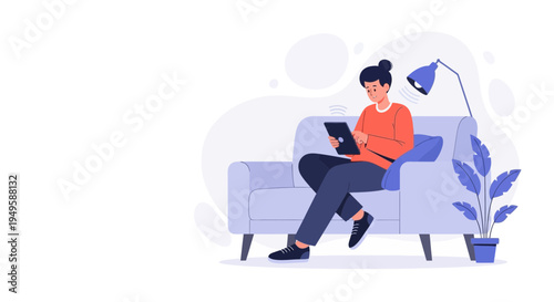 Person Relaxing on Sofa with Tablet, Cozy Home Office Setup, Modern Flat Illustration