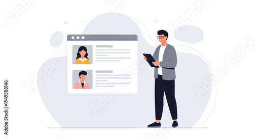 Recruitment process: man reviewing candidate profiles on a digital screen