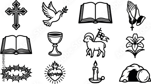 Religious black and white vector icons including cross dove bible chalice lamb lily crown thorn candle and empty tomb illustrations