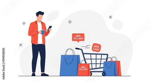 Online shopping concept: man with phone, shopping cart, bags, add to cart buttons