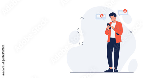 Man with smartphone receiving notifications, modern flat illustration