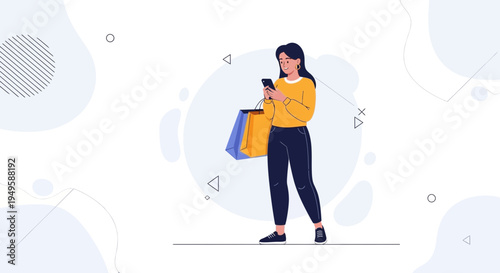 Woman with Shopping Bags Using Smartphone, Online Shopping Concept