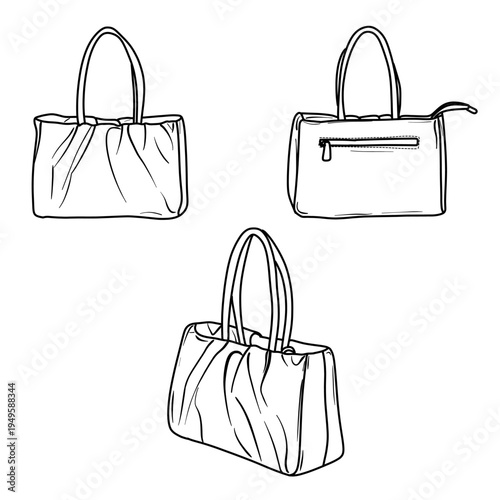 Set of Three Handbag Illustrations in Sketch Style.