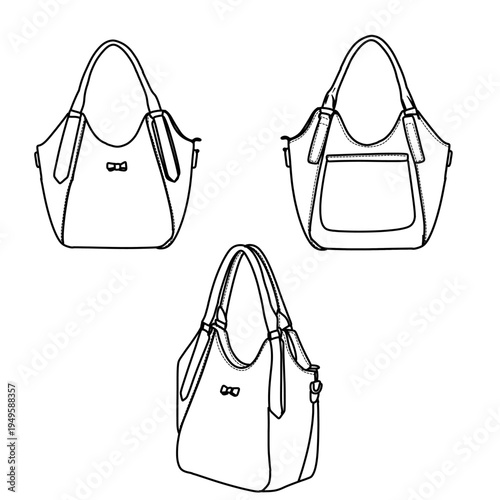 Set of Three Handbag Line Art Illustrations.
